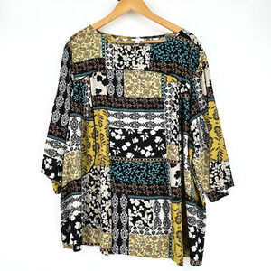 J Jill Womens Patchwork Print Top Rayon 3X Colorful 3/4 Sleeve Boho Hippie Artsy